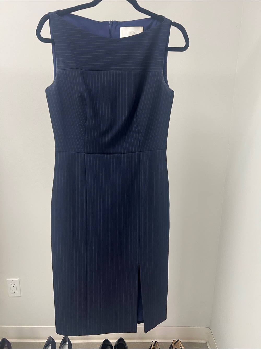 Boss Navy Pinstripe Midi Sheath Dress